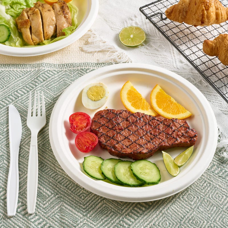 Vplus 150 Pack Paper Plates 9 inch 100% Compostable  Heavy-Duty Disposable Paper Plates Bagasse Natural Biodegradable Eco-Friendly Sugarcane(White) - Image 5