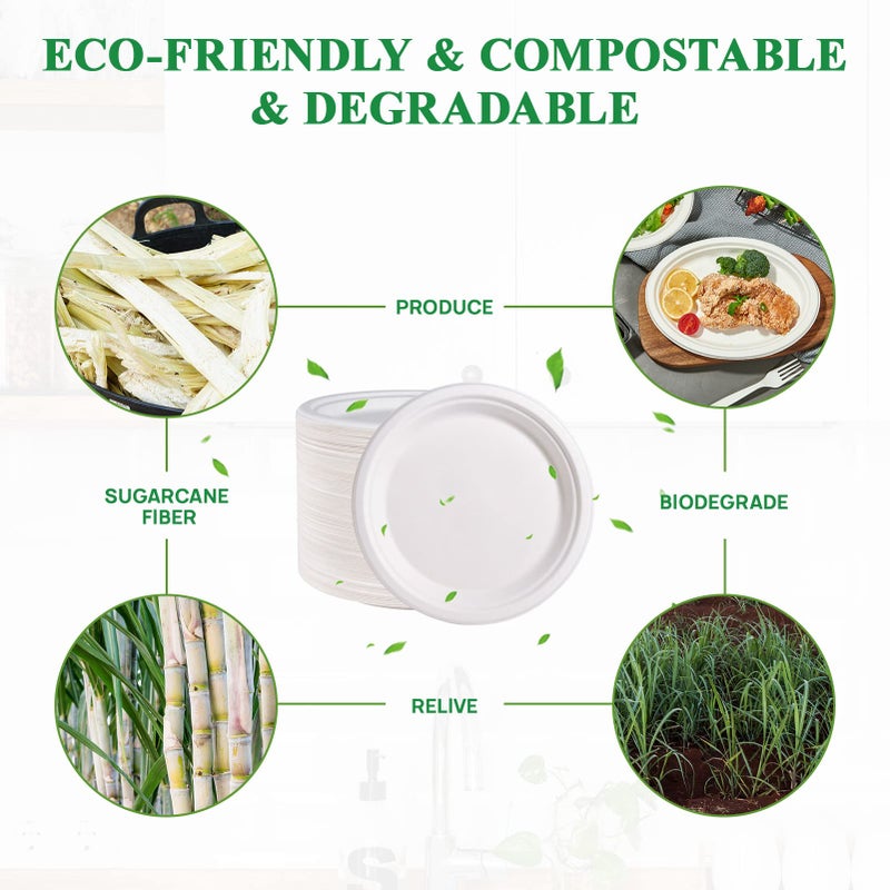 Vplus 150 Pack Paper Plates 9 inch 100% Compostable  Heavy-Duty Disposable Paper Plates Bagasse Natural Biodegradable Eco-Friendly Sugarcane(White) - Image 4