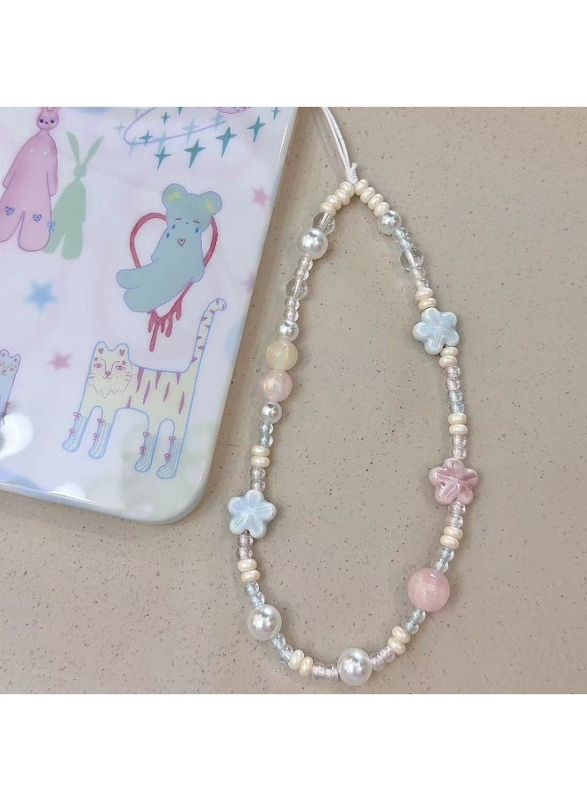 NIBEMINENT Beaded Phone Lanyard, Anti Lost Removable Wrist Strap,Blue Star Cherry Blossom Bracelet Pendant, Phone Keychain Lanyard