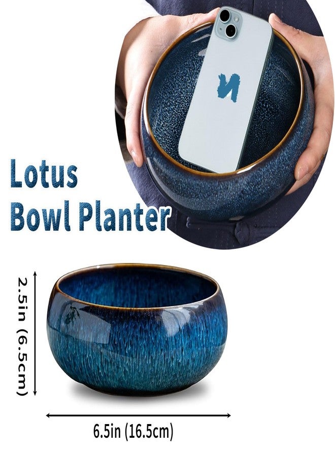 Oncpcare Lotus Bowl Planter - Glazed Ceramic Water Plant Pot for Indoor Outdoor Use, Shallow Hydroponic Vase for Lotus Seeds, Succulents, Bonsai, Water Lily Arrangement (Blue) - Image 2