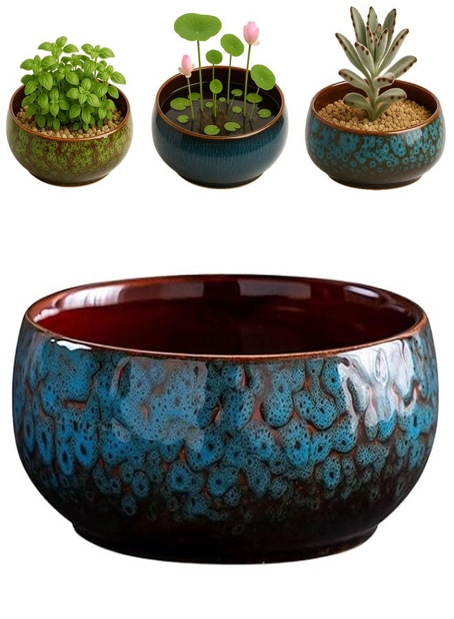 Oncpcare Lotus Bowl Planter - Glazed Ceramic Water Plant Pot for Indoor Outdoor Use, Shallow Hydroponic Vase for Lotus Seeds, Succulents, Bonsai, Water Lily Arrangement (Blue) - Image 1