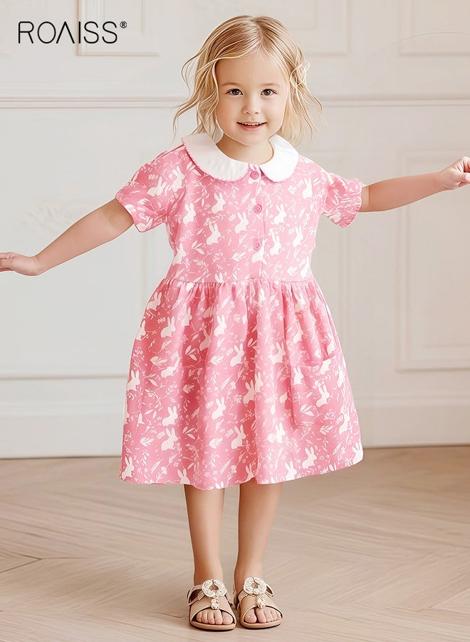 roaiss Girl's Summer Dress with Adorable Patterns, Doll Neck Dress with 2 Side Pockets, Casual Stylish Sundress for Little Girls, Suitable for Daily Wear or Any Occasion  - Image 2