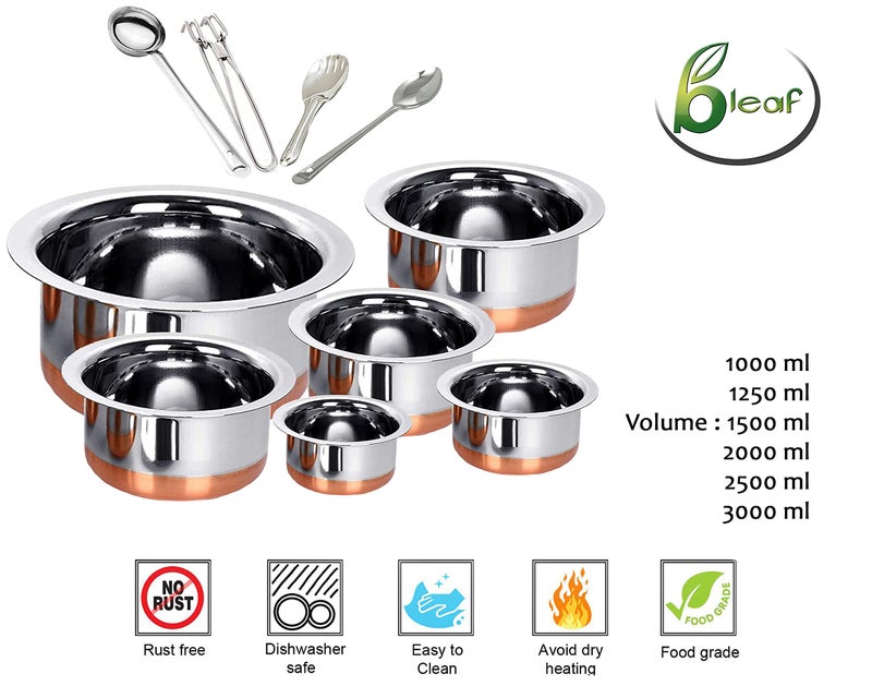 BLeaf BLeaf Stainless Steel-Round Copper Bottom Tope/Heavy Guage Top (Pack of 6) (1L, 1.25L, 1.5L, 2L, 2.5L, 3L) + 4 Pcs Ladle Set (Combo) - Image 4