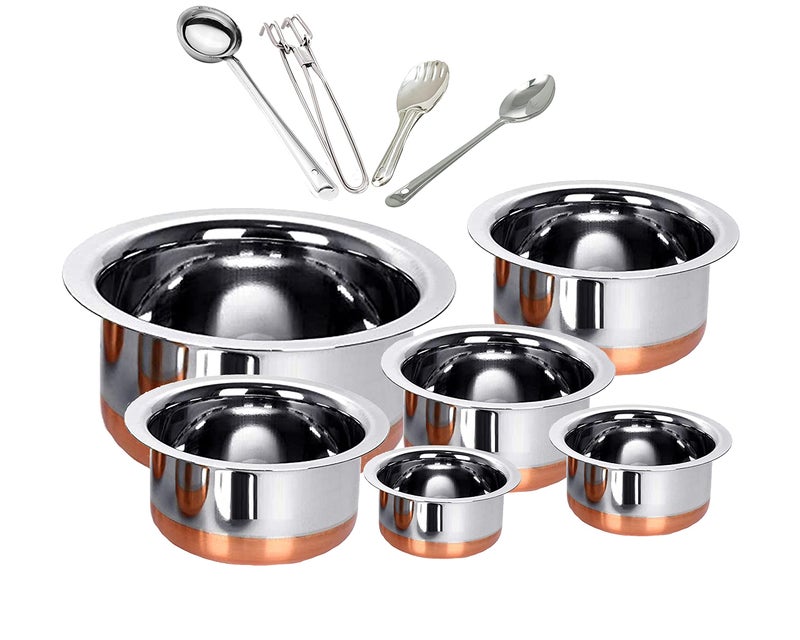 BLeaf BLeaf Stainless Steel-Round Copper Bottom Tope/Heavy Guage Top (Pack of 6) (1L, 1.25L, 1.5L, 2L, 2.5L, 3L) + 4 Pcs Ladle Set (Combo) - Image 1