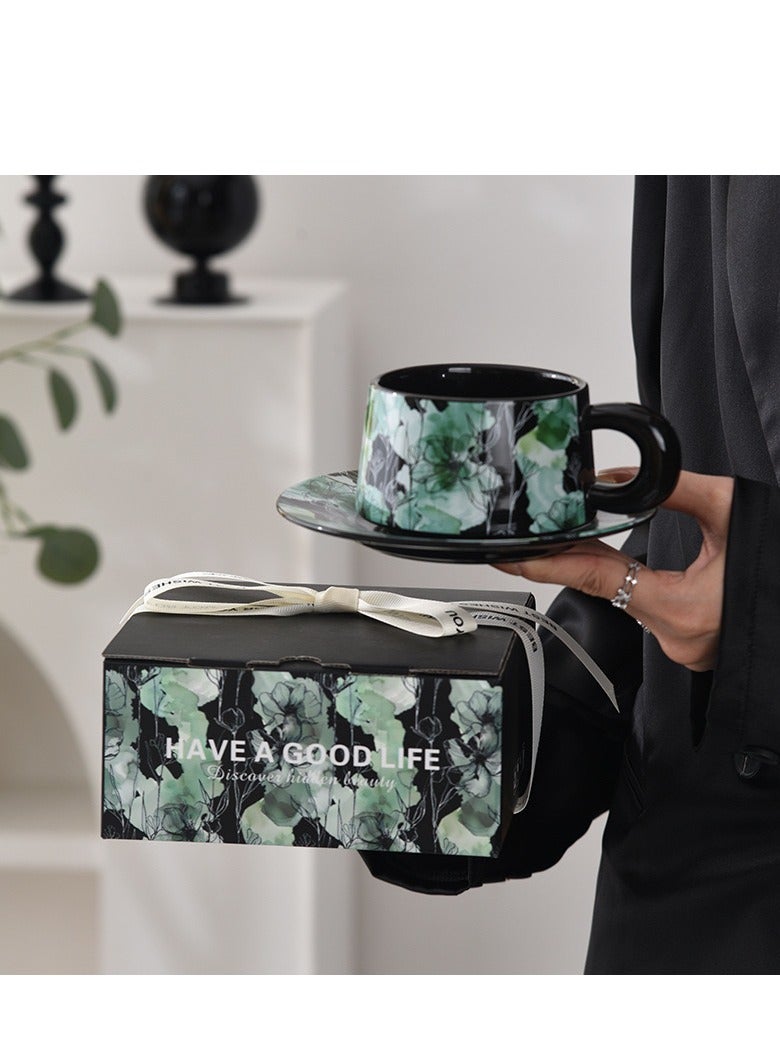 جوسكوين طقم أكواب قهوة خزفية مع طبق، كوب شاي مزخرف يدويًا بنمط زهور عتيق سعة 280 مل، أكواب ماء عصرية للمكتب والمنزل، علبة هدايا لعيد ميلاد النساء أو عيد الأم. - Image 1