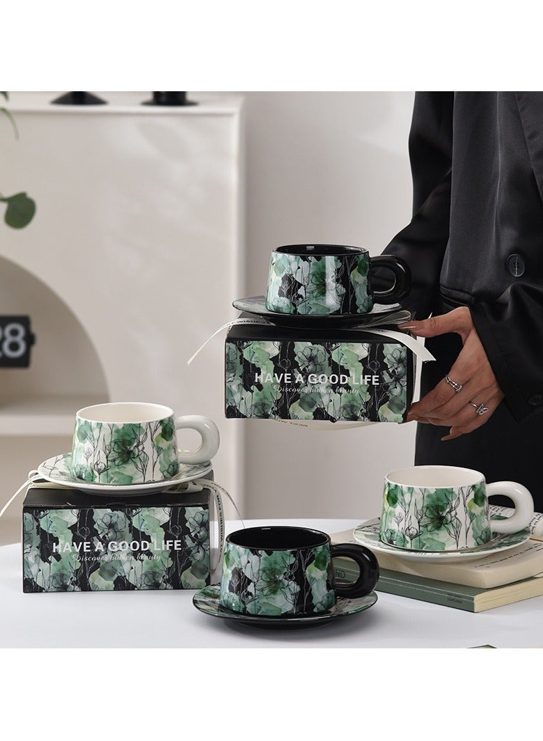 جوسكوين طقم أكواب قهوة خزفية مع طبق، كوب شاي مزخرف يدويًا بنمط زهور عتيق سعة 280 مل، أكواب ماء عصرية للمكتب والمنزل، علبة هدايا لعيد ميلاد النساء أو عيد الأم. - Image 2