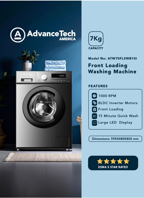 7kg Front Load Washing Machine with BLDC Inverter Motor, 1000 RPM, 15 Programs – Inox Finish