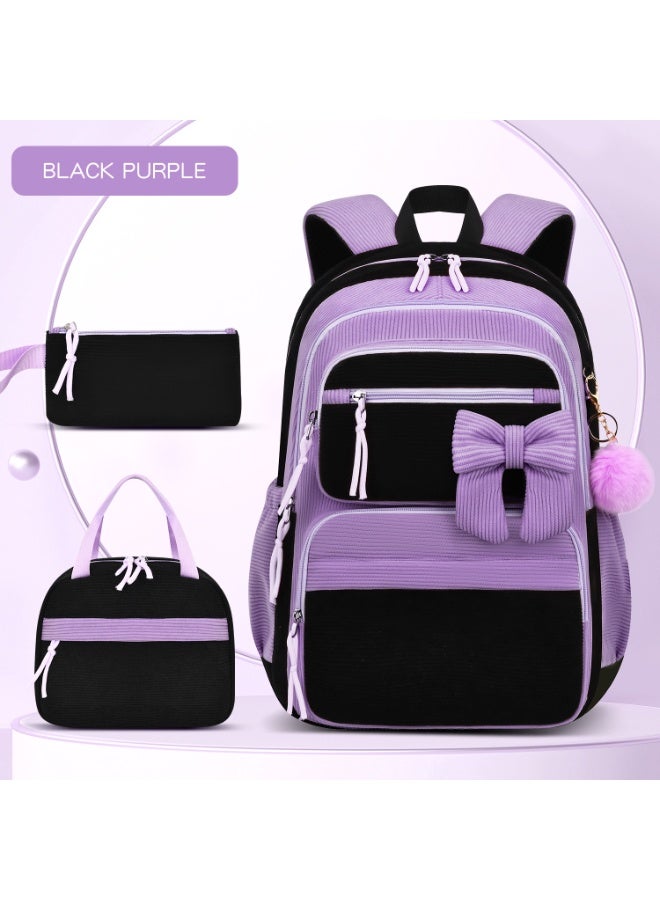 3PCS  Girls School Backpack Corduroy 8-12 Years Lightweight Spine-Protective School Supplies - Image 1