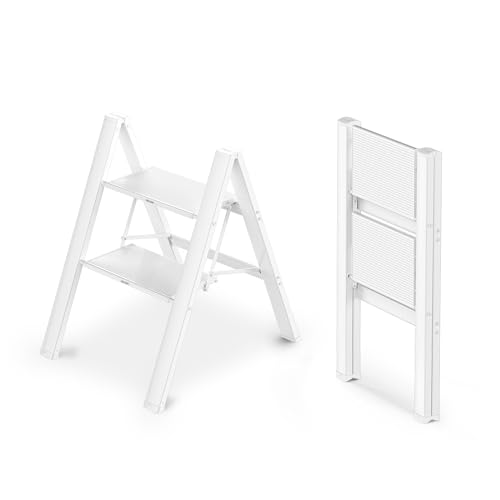 WOA WOA 2 Step Ladder, Foldable Step Stool, Aluminum Lightweight Ladder for Home Kitchen Closet, Anti-Slip Pedals, Ease of Folding, Portable, 300lbs Capacity - White - Image 1