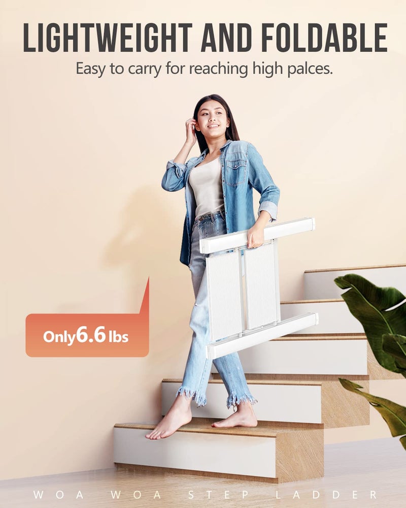 WOA WOA 2 Step Ladder, Foldable Step Stool, Aluminum Lightweight Ladder for Home Kitchen Closet, Anti-Slip Pedals, Ease of Folding, Portable, 300lbs Capacity - White - Image 3