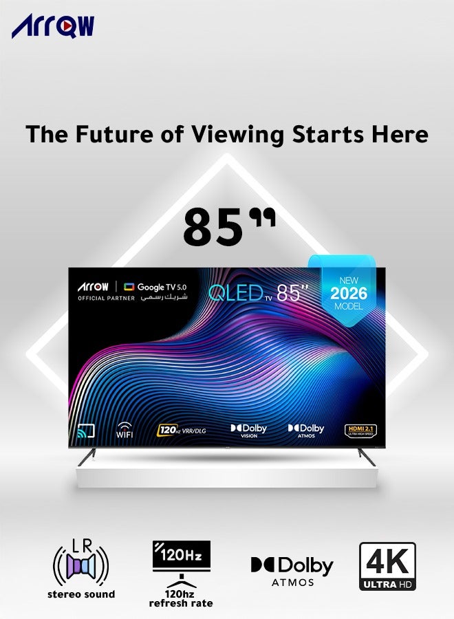 آركيو تلفزيون جوجل 85 بوصة، QLED 4K،  DLG 120 هرتز، ذاكرة وصول عشوائي 2 جيجابايت، سعة تخزين 16 جيجابايت بتقنية Dolby Vision وATMOS، دقة 3840*2160 مع تطبيق مثبت مسبقًا (NETFLIX، Prime Video، YouTube) - Image 1