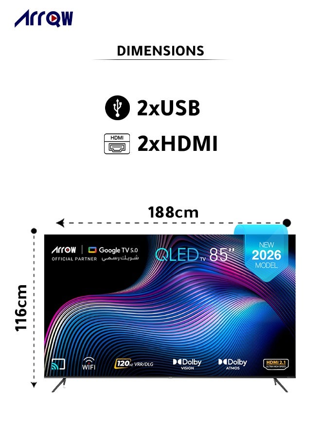 آركيو تلفزيون جوجل 85 بوصة، QLED 4K،  DLG 120 هرتز، ذاكرة وصول عشوائي 2 جيجابايت، سعة تخزين 16 جيجابايت بتقنية Dolby Vision وATMOS، دقة 3840*2160 مع تطبيق مثبت مسبقًا (NETFLIX، Prime Video، YouTube) - Image 2