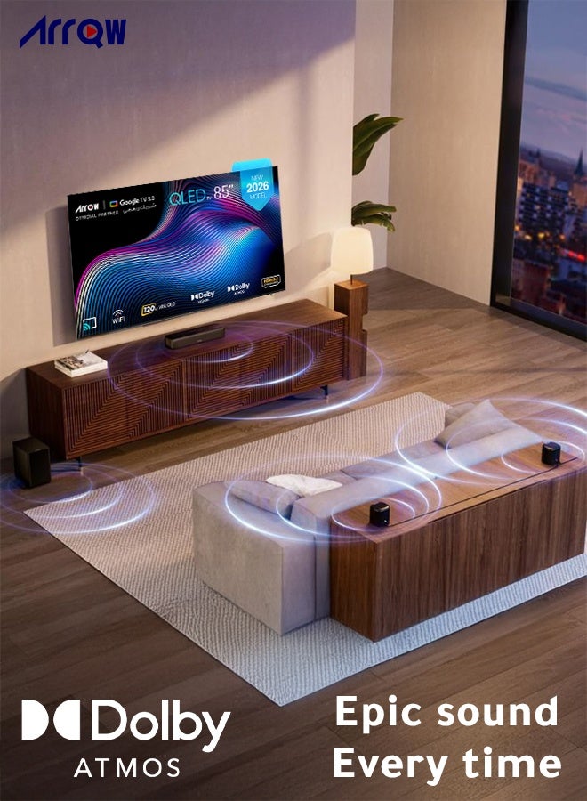 آركيو تلفزيون جوجل 85 بوصة، QLED 4K،  DLG 120 هرتز، ذاكرة وصول عشوائي 2 جيجابايت، سعة تخزين 16 جيجابايت بتقنية Dolby Vision وATMOS، دقة 3840*2160 مع تطبيق مثبت مسبقًا (NETFLIX، Prime Video، YouTube) - Image 4