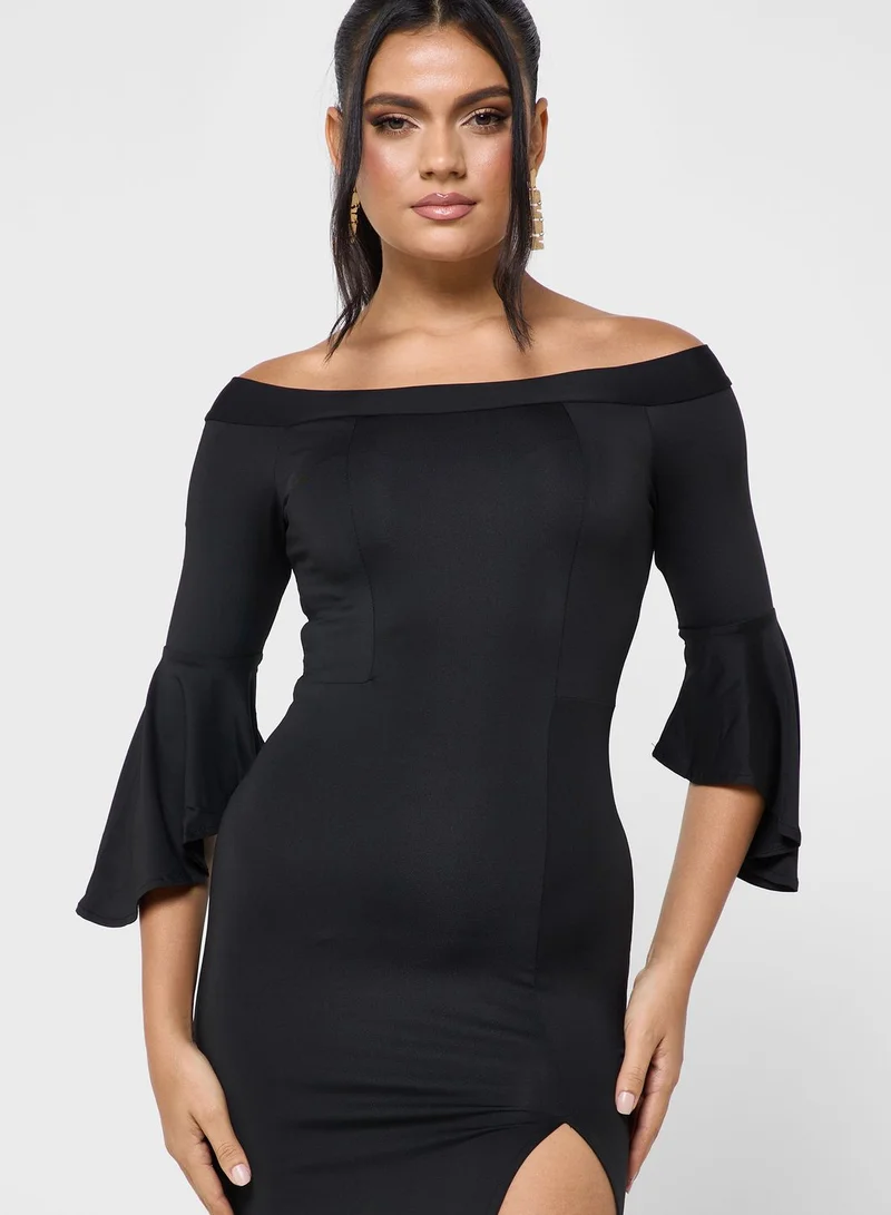 ELLA Off Shoulder Flute Sleeve Dress With Slit