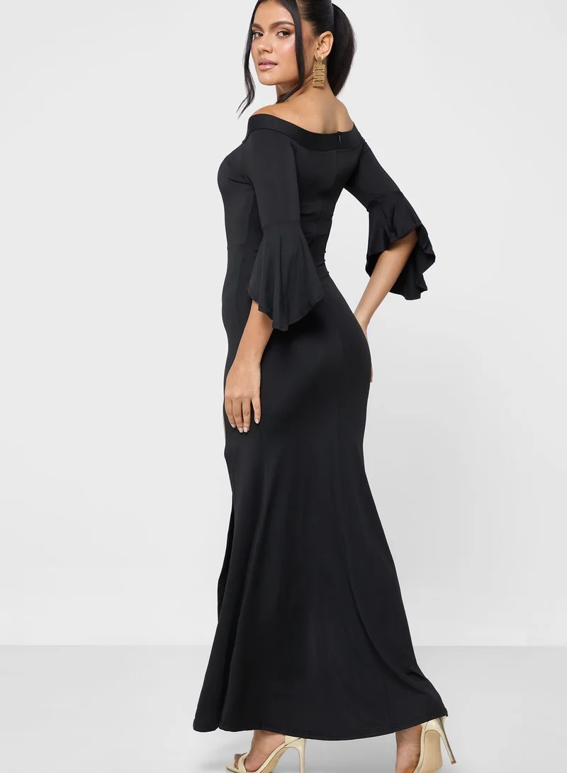 ELLA Off Shoulder Flute Sleeve Dress With Slit