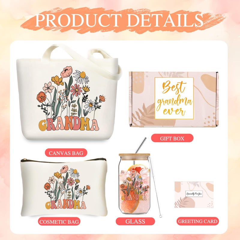 DHQH Grandma Birthday Gifts for Women  Best Grandma Christmas Gifts form Granddaughter Grandson  Thanksgiving Gift Basket with 16 Oz Glass Cup  Canvas Tote Bag - Image 2