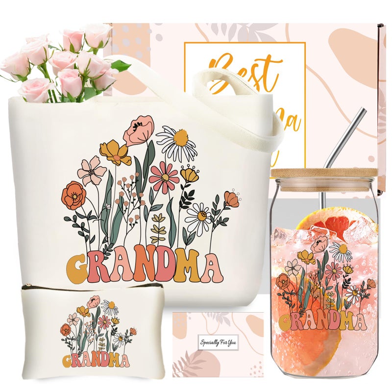DHQH Grandma Birthday Gifts for Women  Best Grandma Christmas Gifts form Granddaughter Grandson  Thanksgiving Gift Basket with 16 Oz Glass Cup  Canvas Tote Bag - Image 1