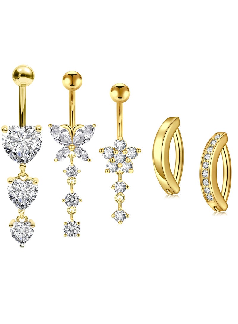 5 قطعة مجموعة من حلقات السبيل الفولاذية الماسية المزخرفة بال rhinestone ذهبية اللون، حلقة بطن بوهيمية أنيقة نمط بطن الفرجination combiation رائعة زirconia اكسسوارات الثقب للنساء والفتيات  (ترجمة من العناوين إلى العربية)  - Image 1