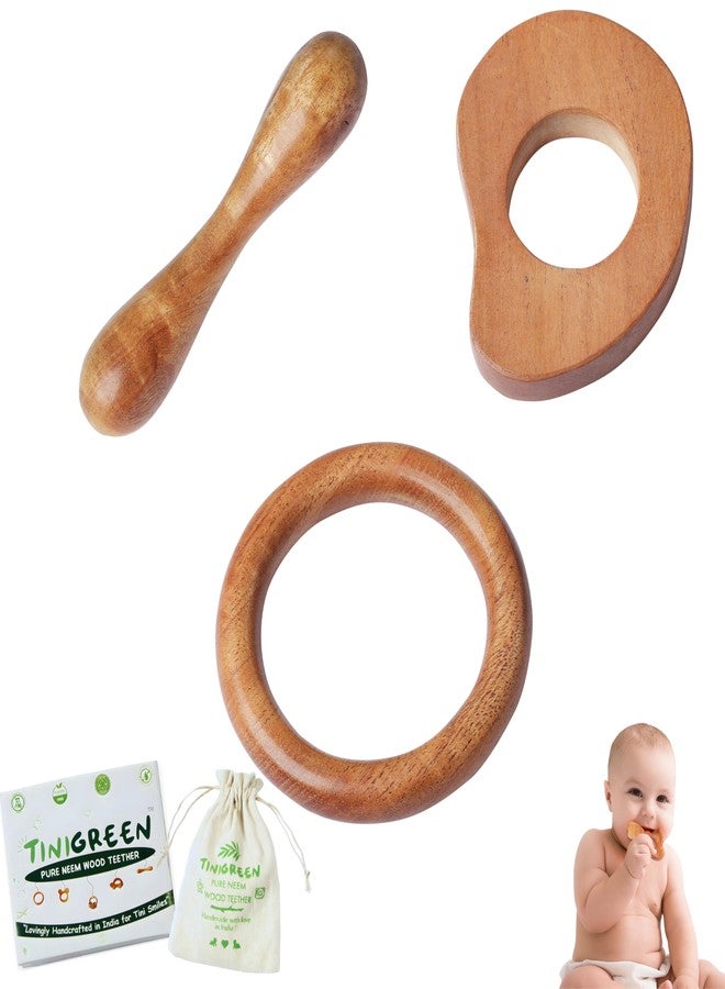 TINIGREEN Mango Ring Dumbbell Shaped Organic Neem Wood Teether for 6 to 12 Months Infant Baby (Mango Ring Dumbbell Shape) - Pack of 3 - Image 1