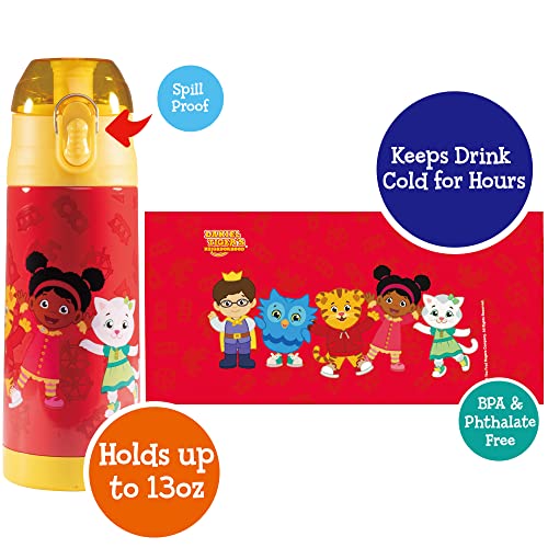 SCS Direct Daniel Tiger Stainless Steel 13 oz Reusable Water Bottle for Kids, Yellow-Double Wall Insulated, Spill Proof Lid w/Built-in Straw-Keep Liquids Hot or Cold For Hours-Easily Fits in Lunch Boxes & Bags - Image 3