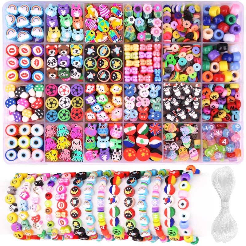 1000PCS Polymer Clay Beads Bracelet Making kit 24 Style Cute Fun Beads Flower Animal Rainbow Eye Charms for Jewelry Necklace Earring Making DIY Accessories for Women Girls