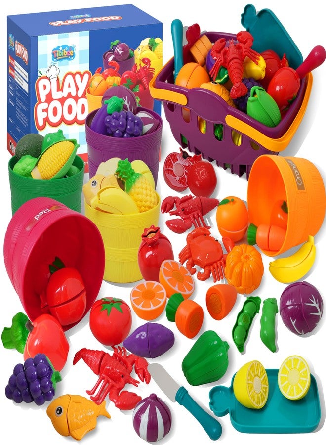Tibibee Play Food Set for Kids Kitchen, Cutting Food Toy for Kids, Learning Toy Color Sorting Set for Toddlers, Pretend Food Kitchen Accessories, Easter Basket Stuffers for Kids Ages 3-8 - Image 1