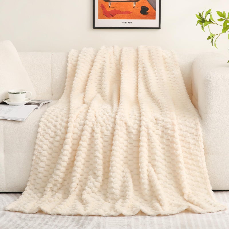 Puncuntex Cream White Throw Blanket 6080 inches Fuzzy 3D Jacquard Decorative Flannel Fleece Super Soft Plush Cozy Blanket for Couch Sofa Chair Lightweight