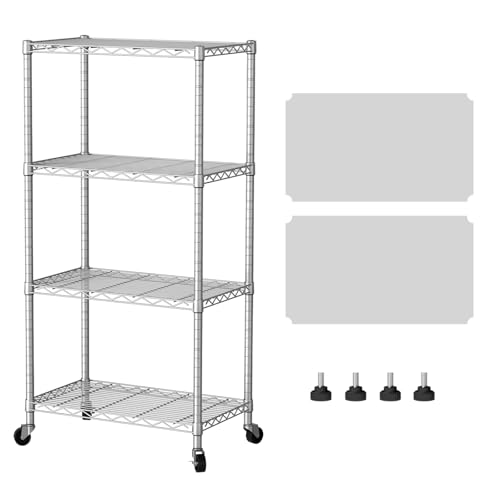 SINGAYE 4 Shelves Storage Shelf Wire Closet Bathroom Organizers Metal Pantry Kitchen Garage Shelving Unit Laundry Room Organization Home Rack Net Basket White with Wheels - Image 1
