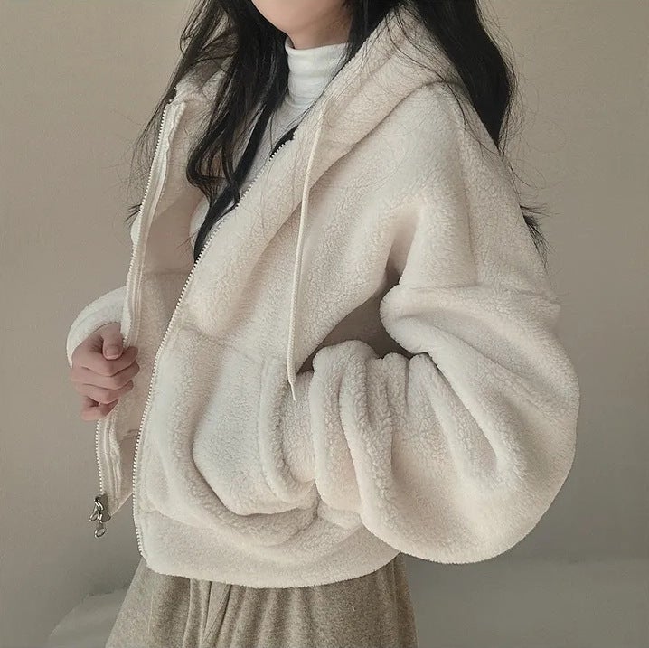 Trendy Lamb Fur Jacket Womens Autumn Winter Thickened Hooded Zipper Short Style Korean Version Open Cardigan Sweatshirt 2023 5211A khaki  - Image 3