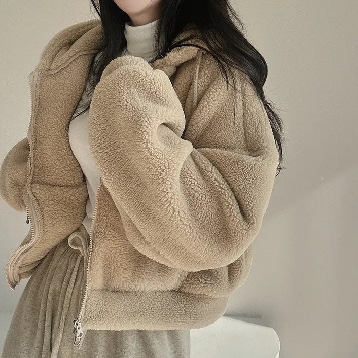 Trendy Lamb Fur Jacket Womens Autumn Winter Thickened Hooded Zipper Short Style Korean Version Open Cardigan Sweatshirt 2023 5211A khaki  - Image 1