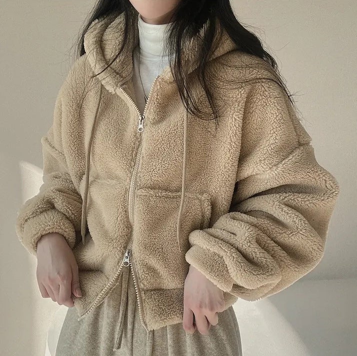 Trendy Lamb Fur Jacket Womens Autumn Winter Thickened Hooded Zipper Short Style Korean Version Open Cardigan Sweatshirt 2023 5211A khaki  - Image 5