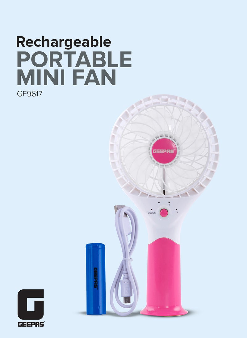GEEPAS Rechargeable Mini Fan - Personal Portable Fan with 3 Speed Options | USB Travel Fan for Office, Home and Travel Use| 8 Hours Working GF9617 White, Pink - Image 1