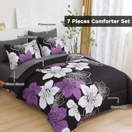 Luxudecor Floral Comforter Set Queen Size, 7 Pieces Bed in a Bag Purple Floral Comforter and Sheet Set, Soft Microfiber Complete Bedding Sets for All Seasons - Image 2