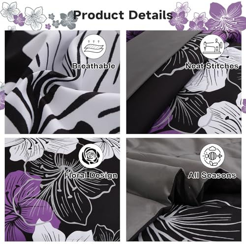 Luxudecor Floral Comforter Set Queen Size, 7 Pieces Bed in a Bag Purple Floral Comforter and Sheet Set, Soft Microfiber Complete Bedding Sets for All Seasons - Image 5