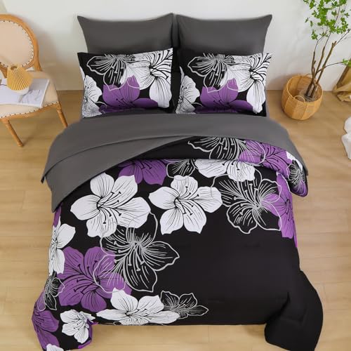 Luxudecor Floral Comforter Set Queen Size, 7 Pieces Bed in a Bag Purple Floral Comforter and Sheet Set, Soft Microfiber Complete Bedding Sets for All Seasons - Image 3