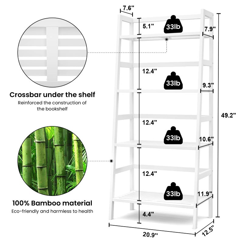 Homykic Ladder Shelf, 4-Tier Bamboo Ladder Bookshelf, 49.2â€ White Book Shelf, Open Bookcase Freestanding Plant Stand for Small Space, Bathroom, Living Room, Bedroom, Home Office - Image 5