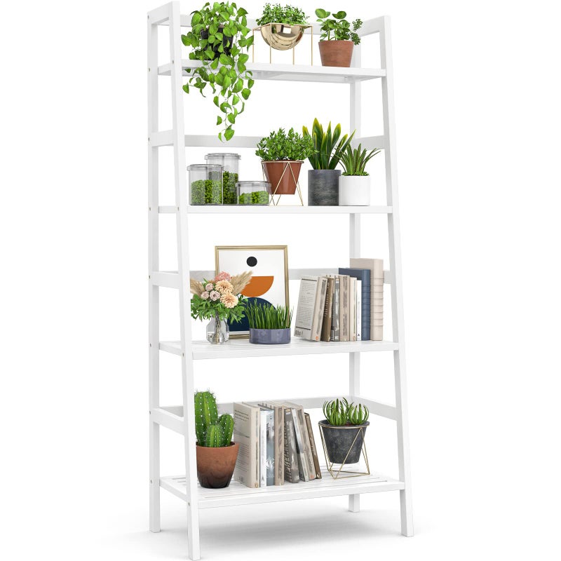 Homykic Ladder Shelf, 4-Tier Bamboo Ladder Bookshelf, 49.2â€ White Book Shelf, Open Bookcase Freestanding Plant Stand for Small Space, Bathroom, Living Room, Bedroom, Home Office - Image 1
