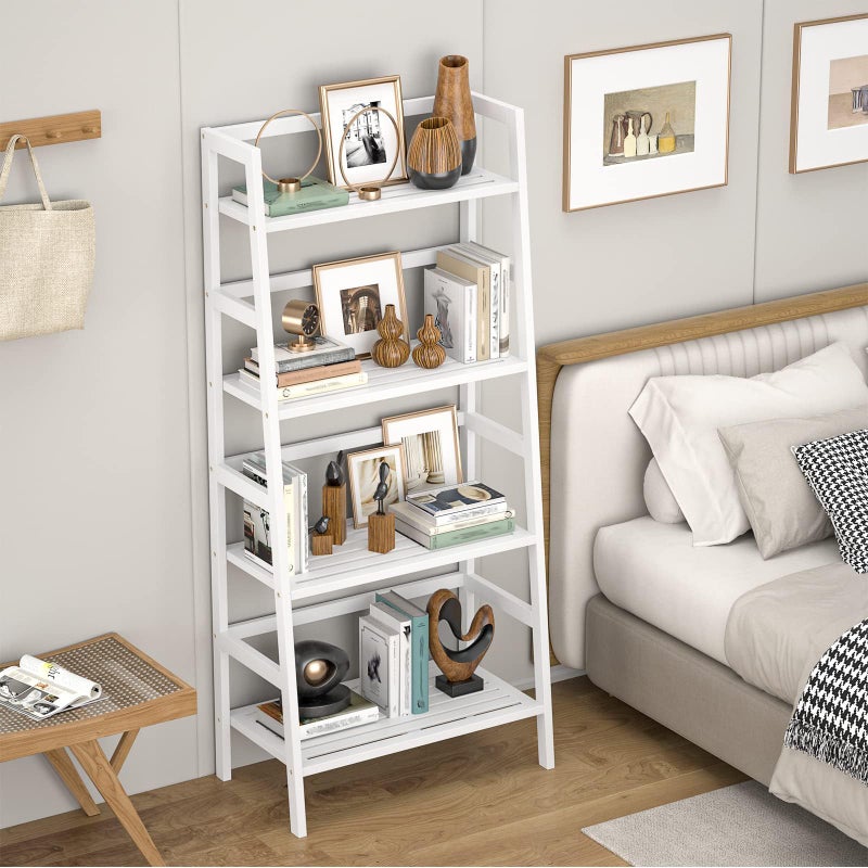 Homykic Ladder Shelf, 4-Tier Bamboo Ladder Bookshelf, 49.2â€ White Book Shelf, Open Bookcase Freestanding Plant Stand for Small Space, Bathroom, Living Room, Bedroom, Home Office - Image 3