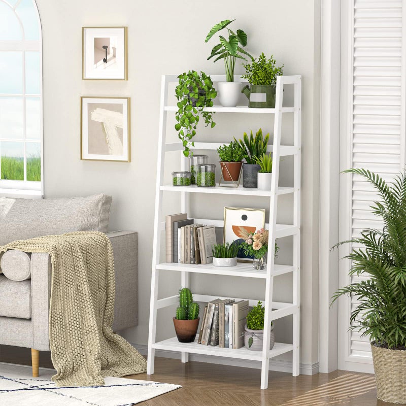 Homykic Ladder Shelf, 4-Tier Bamboo Ladder Bookshelf, 49.2â€ White Book Shelf, Open Bookcase Freestanding Plant Stand for Small Space, Bathroom, Living Room, Bedroom, Home Office - Image 2