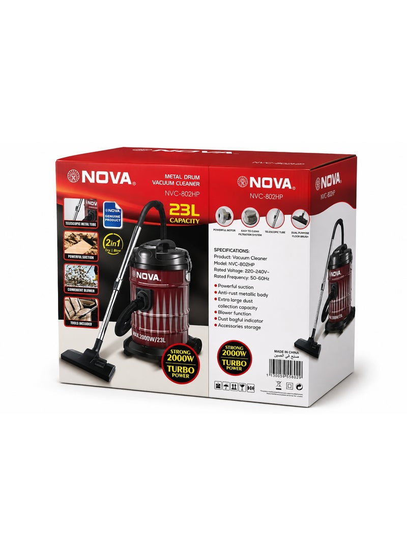 Nova NVC-802HP Metal Drum Vacuum Cleaner 23L, 2000W Turbo Power, 2-in-1 Dry Vacuum Cleaner and Blower, Powerful Suction, Telescopic Metal Tube, Heavy Duty Cleaning Machine for Home, Office and Workshop - Image 5