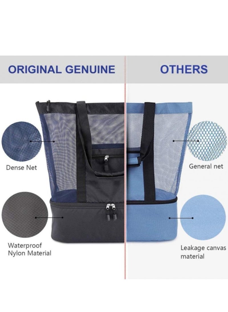 AIWANTO Multi-function Picnic Beach Bag With Zipper Top Mesh Beach Tote Bag And Insulated Picnic Cooler Bag For Travel Swimming Camping  - Image 2