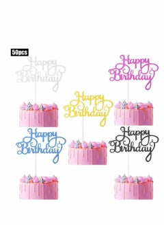 50 pcs Birthday Gold Cupcake Topper Acrylic Glitter Cardstock Topper Letters"Happy Birthday", Supplies for Various Birthday Cake Decorations Five Colors