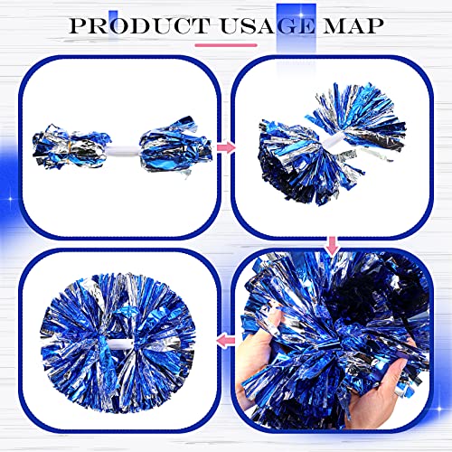 Canlierr 4 Pcs Cheerleading Pom Poms with Baton Handle and Cheerleader Hair Bows, 14 Inch Metallic Cheer Supplies for School Team Spirit Sports Dance Cheering(Blue) - Image 3