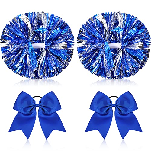 Canlierr 4 Pcs Cheerleading Pom Poms with Baton Handle and Cheerleader Hair Bows, 14 Inch Metallic Cheer Supplies for School Team Spirit Sports Dance Cheering(Blue) - Image 1