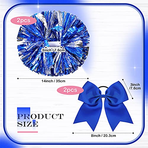 Canlierr 4 Pcs Cheerleading Pom Poms with Baton Handle and Cheerleader Hair Bows, 14 Inch Metallic Cheer Supplies for School Team Spirit Sports Dance Cheering(Blue) - Image 2