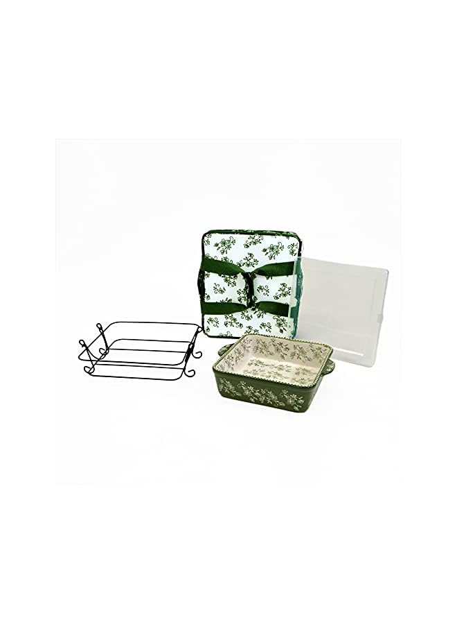 Temp-tations Floral Lace Bakeware Set,Take Baker Square Bakers with Tote Bag-Green - Image 2