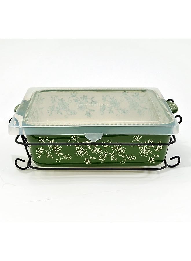 Temp-tations Floral Lace Bakeware Set,Take Baker Square Bakers with Tote Bag-Green - Image 1