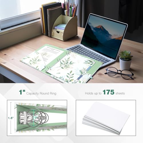 Ospelelf Binder 3 Ring 1 Inch, Green Floral Round Ring Clipboard Binder for Letter Size Paper with 5 Tab Dividers, for School and Office Supplies - Image 3