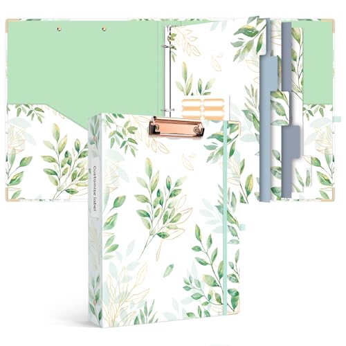 Ospelelf Binder 3 Ring 1 Inch, Green Floral Round Ring Clipboard Binder for Letter Size Paper with 5 Tab Dividers, for School and Office Supplies - Image 1
