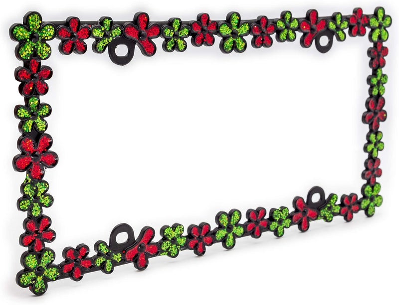 CRAFTHOME 3D Shining Daisy Wrenth License Plate Frame from Pure Zinc Alloy Metal Perfect Plate Holder,Matt Black with Red and Green Glitter - Image 3